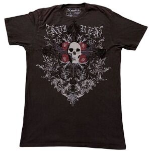 AVIREX Graphic T Shirt Skull Roses Black Short Sleeve Cotton Mens- Large